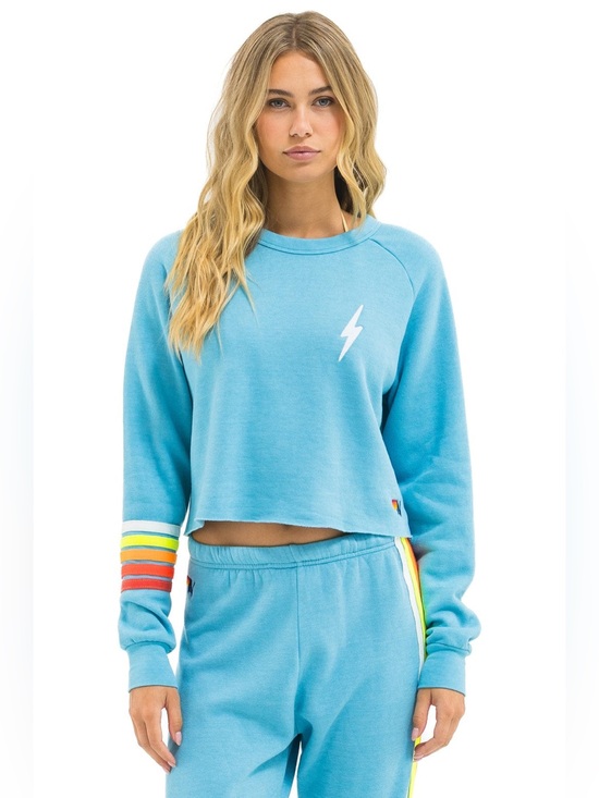 Aviator Nation Tops - Aviator Nation Bolt Rugby Stitch Cropped Crew Sweatshirt – Aqua // White Neon